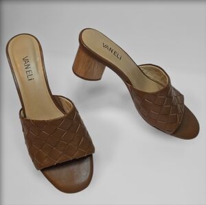 VAN ELi Lilis Brown Woven Leather Kitten Heels Slip On Sandals.